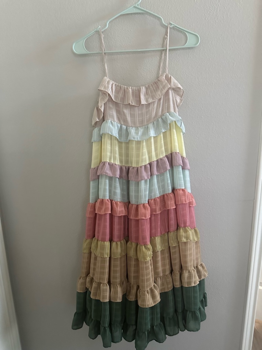 Pastel Multi-Tier Ruffle Midi Dress in Pastel Stripes